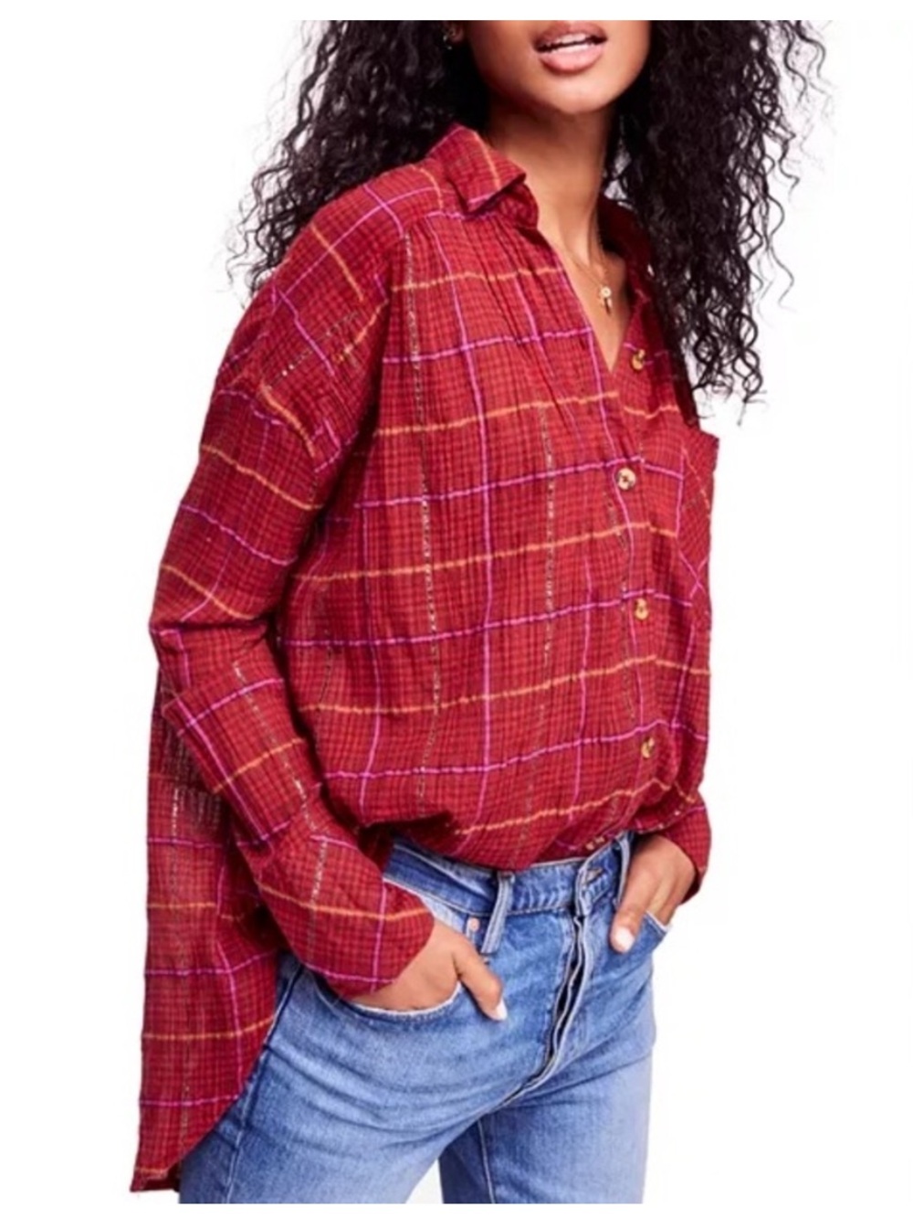 BOGO! Free People Break My Stride Oversized Button Shirt Red Medium